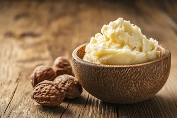Luxurious shea butter scoop beside whole shea nuts on rustic wood