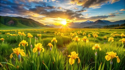 Fototapeta premium Altai's spring unfolds in a sea of yellow Iris Potaninii, a breathtaking scene.