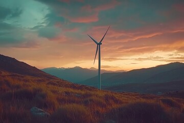 Obraz premium Majestic Wind Turbine Against a Colorful Sky at Sunset