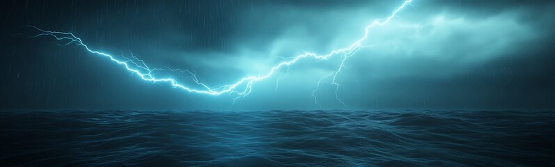 Dramatic lightning strikes above a turbulent ocean under a moody sky.