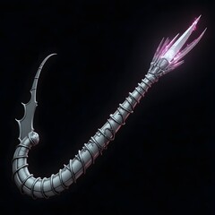 A futuristic, spiked sci-fi weapon with sleek silver metal, glowing purple energy tips, and jagged edges, giving off an intimidating and high-tech feel against a dark backdrop.

