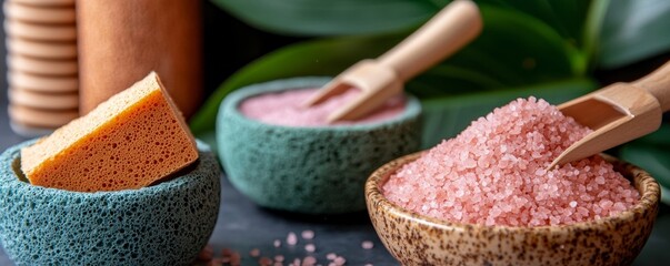 Indulge in a rejuvenating self-care experience with this eco-conscious bath set Handmade clay bowls cradle natural bath salts and biodegradable sponges, creating a spa-like atmosphere in your own