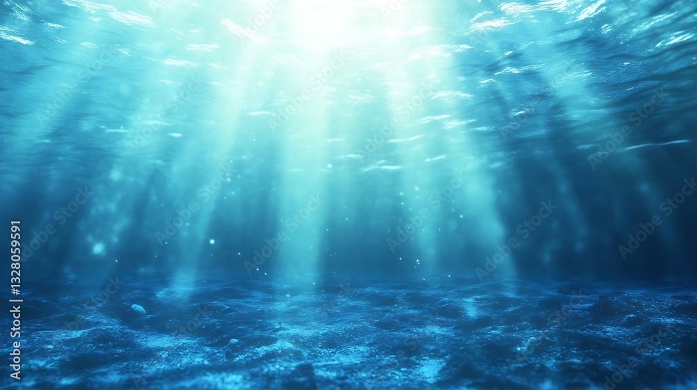 Poster underwater scene with light beams illuminating the ocean depths.