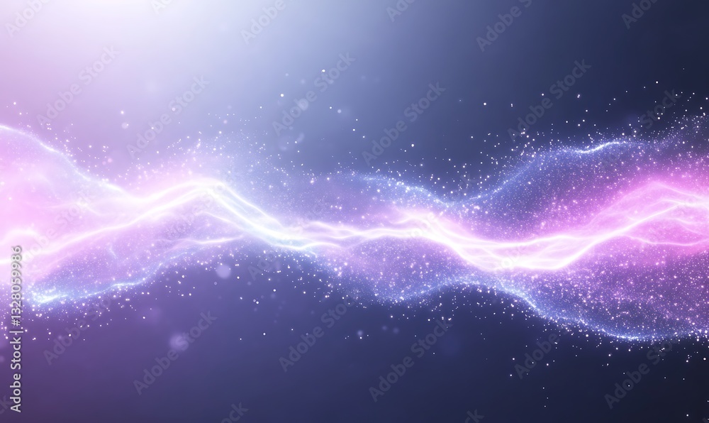 Poster vibrant abstract electric waves with glowing particles in a dark background.