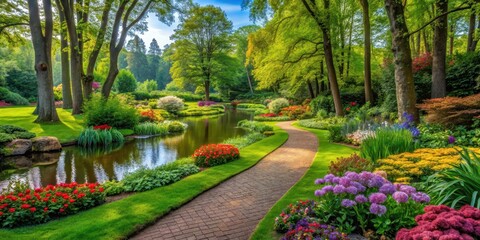 Obraz premium A serene landscape of a garden with lush greenery and vibrant flowers surrounded by tall trees with a meandering path leading to a tranquil pond, scenic view, green park