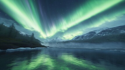 Fototapeta premium Majestic northern lights illuminate a tranquil landscape with mountains and calm waters.