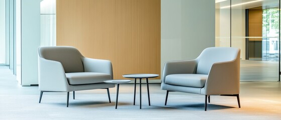 Modern Office Lounge: Two Elegant Armchairs and a Coffee Table in a Contemporary Workspace
