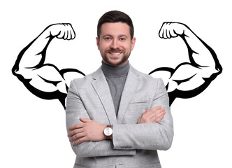 Confident businessman with drawing of strong arms behind him on white background
