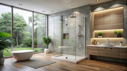 Fototapeta premium Modern bathroom with sleek glass shower enclosures and minimalist decor, featuring a large window for natural light , contemporary, minimalist