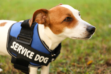 Cute Jack Russell Terrier wearing service dog vest outdoors, closeup