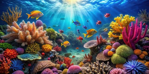 Obraz premium Colorful coral reef with diverse marine life, coral diversity, underwater scene