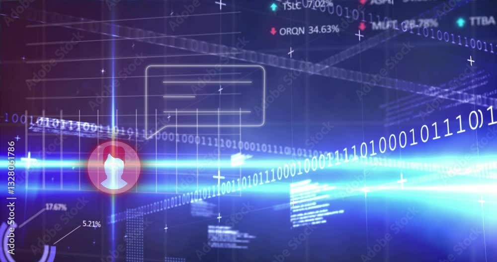 Poster digital data and binary code animation over financial graphs and charts