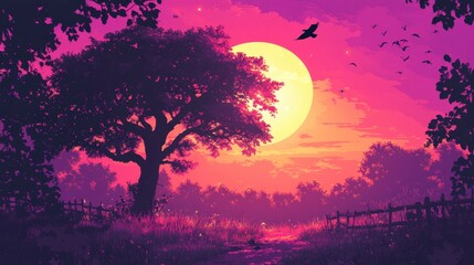 Naklejka premium Magical Sunset Landscape: A Serene Pink and Purple Evening Scene with Majestic Tree and Birds in Flight