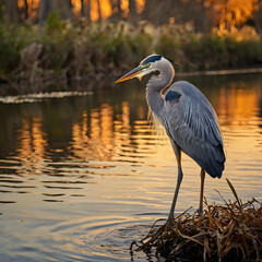 great blue heron stands tall in lake