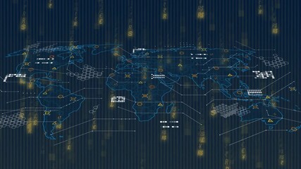 Animation of world map with digital data and currency symbols overlaying continents - Powered by Adobe