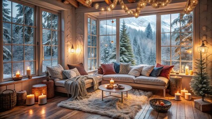 Fototapeta premium Cozy winter retreat with roommates, calming space, winter wonderland