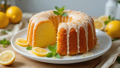 Delicious Lemon Bundt Cake with Glaze Fresh Lemons and Mint Garnish