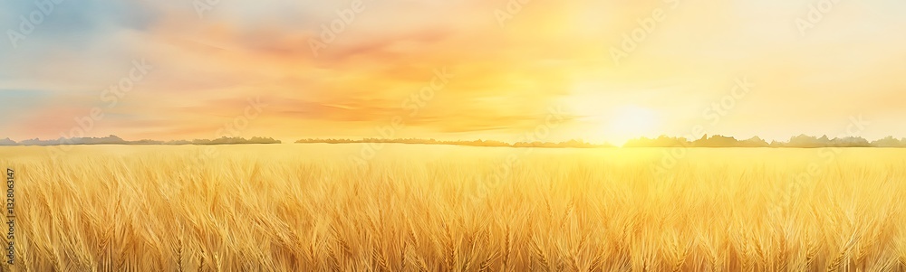 Aufkleber golden wheat field under a bright sunset sky, creating a serene and warm atmosphere.