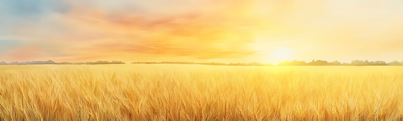 Fototapeta premium Golden wheat field under a bright sunset sky, creating a serene and warm atmosphere.