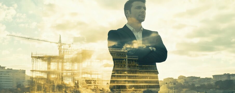 A businessman with arms crossed over a construction project