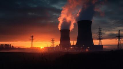 dramatic industrial landscape with towering cooling towers emitting steam at sunset, surrounded by power lines and glowing horizon