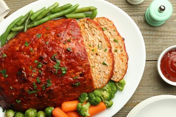 Delicious baked turkey meatloaf with vegetables served on wooden table, flat lay