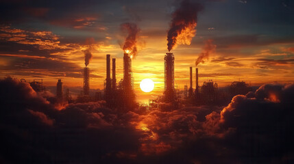 Obraz premium futuristic industrial plant with tall reactors emitting smoke, set against dramatic sunset sky and surrounded by clouds