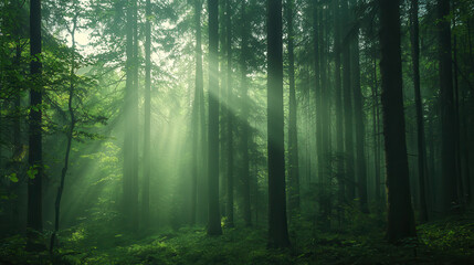 Fototapeta premium Sunlight filters through dense forest, illuminating tall trees and lush greenery, creating serene and tranquil atmosphere