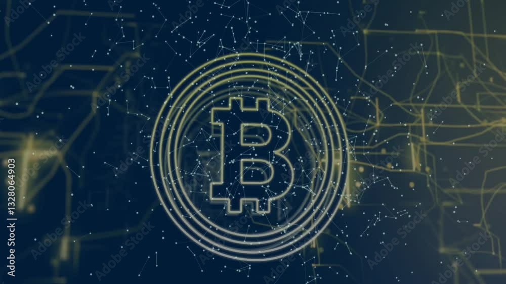 Poster bitcoin symbol with digital network connections and data processing animation