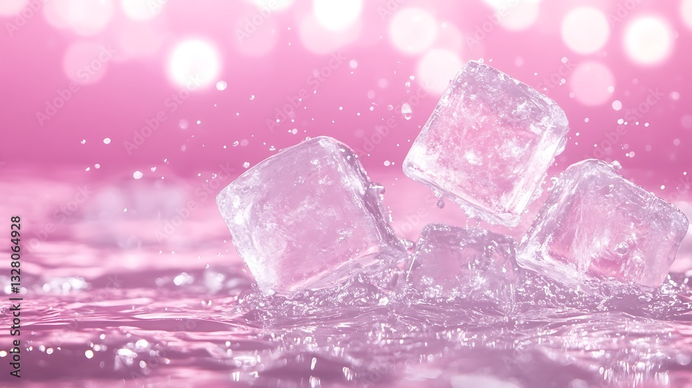 Poster Ice cubes splashing in water with a soft pink background, creating a refreshing and vibrant atmosphere.