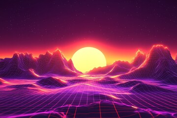 Neon Grid Mountains with Rising Sun
