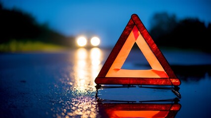 Traffic accident alert triangle rainy road safety sign urban environment close-up emergency preparedness