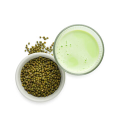 Fresh mung bean juice in glass and seeds isolated on white, top view