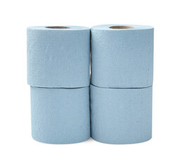 Stacked light blue toilet paper rolls isolated on white