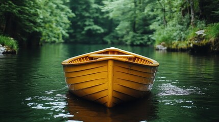 A bright yellow wooden rowboat floats on a serene green river, surrounded by lush trees