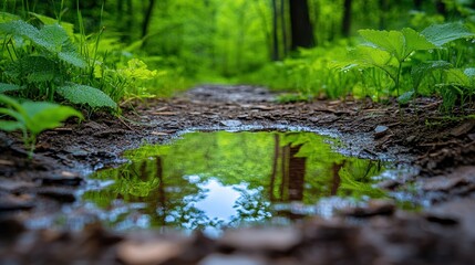 A forest path after rainfall, with a puddle reflecting the trees and bright green foliage surrounding it