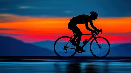 A competitive cyclist leans forward on a road bike, speeding along a reflective surface under a twilight sky. The vivid hues of deep blue and fiery orange create a dramatic backdrop