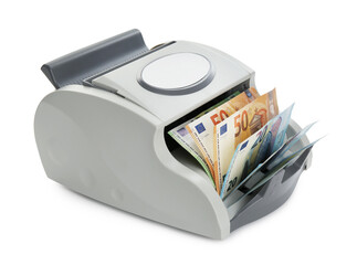 Money counter machine with euro banknotes isolated on white