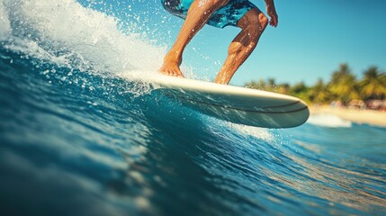 A surfer balances on a wave, carving through the water with precision. The bright sunlight illuminates the turquoise ocean, with tropical palm trees swaying in the background