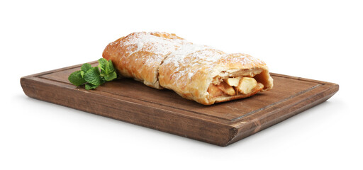 Delicious strudel with apples, powdered sugar and mint isolated on white