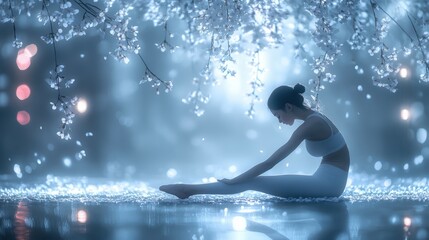 A woman practices yoga under cascading cherry blossoms, surrounded by glowing reflections. The ethereal blue tones create a sense of calm and serenity
