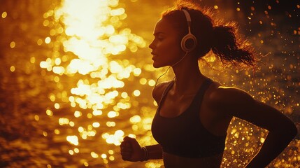 A determined woman in sportswear and headphones jogs along shimmering water, illuminated by the golden glow of the sunset