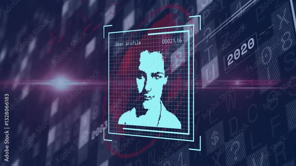 Poster analyzing profile with animation, digital face recognition technology over data background