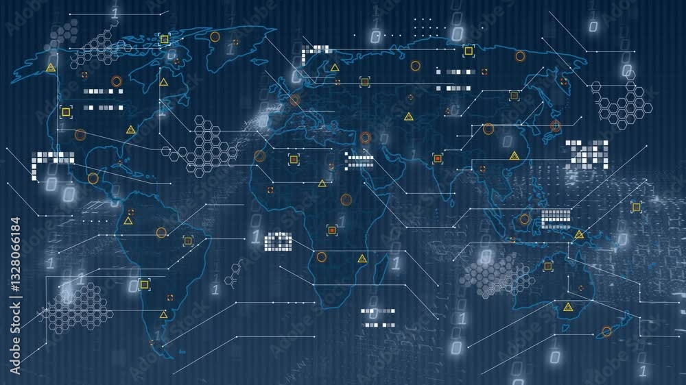 Poster animation of digital world map with data points and binary code overlay