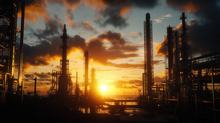 stunning industrial refinery scene at sunset, featuring tall reactors and intricate metal structures silhouetted against vibrant sky