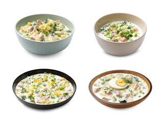Delicious okroshka soup with kefir in bowls on white background, set