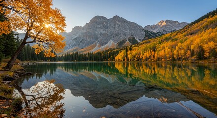 Autumn lake reflecting mountain peaks and golden trees in serene landscape