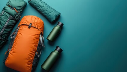 A travel backpack with hiking essentials including a rolled-up camping blanket and two reusable water bottles for outdoor adventures