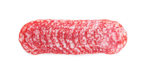 Slices of tasty smoked sausage on white background, top view