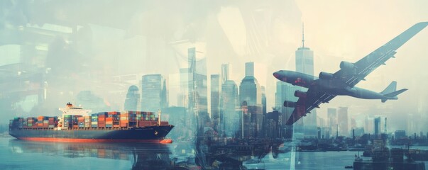 Fototapeta premium A modern city image depicting transportation by sea and air